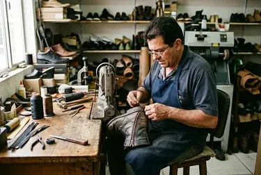 Sapateiro consertando zíper de botas com ferramentas específicas.
