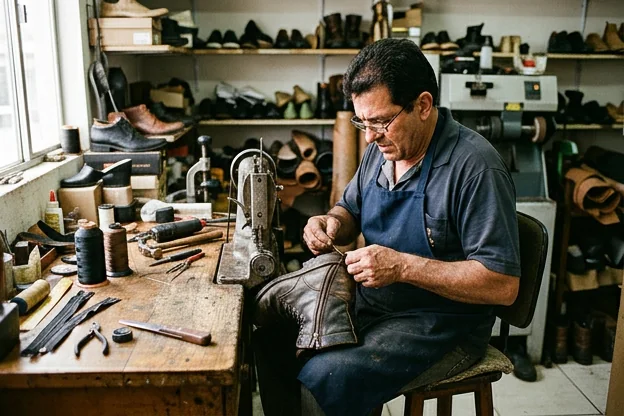 Sapateiro consertando zíper de botas com ferramentas específicas.