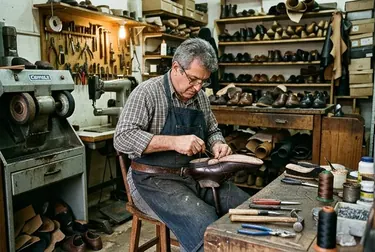 Sapateiro reformando sapatos sociais com técnica especializada.