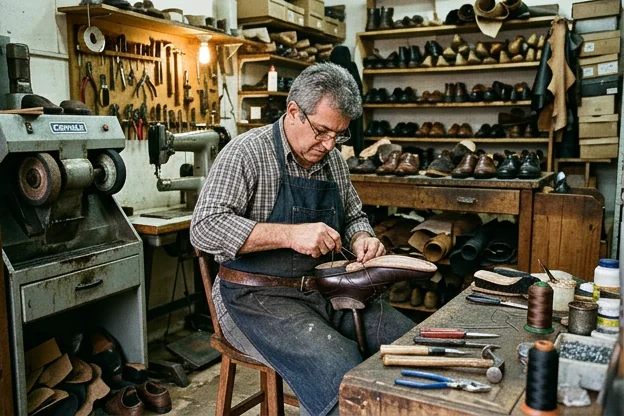 Sapateiro reformando sapatos sociais com técnica especializada.