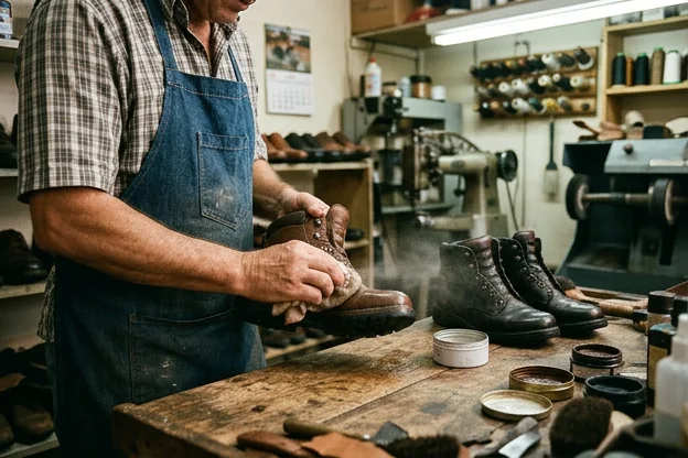 Sapatos sendo impermeabilizados, com foco no trabalho do sapateiro.