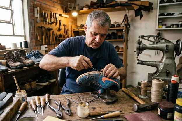 Sapateiro reparando tênis com atenção e precisão.