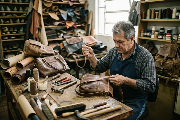 Sapateiro reformando bolsa de couro com atenção aos detalhes.