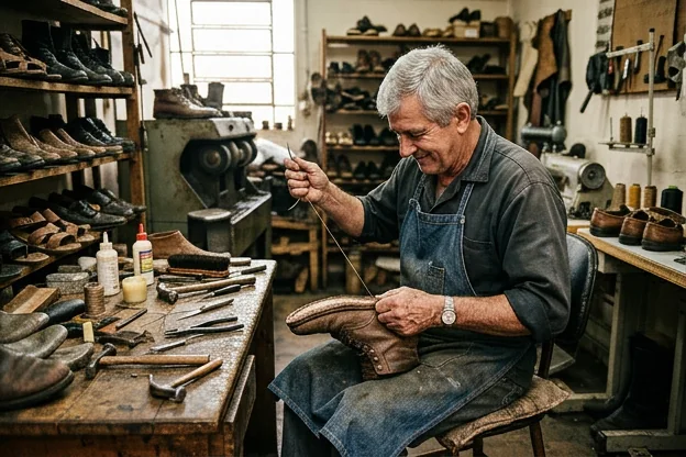 Sapatos em processo de reforma, mostrando o trabalho artesanal do sapateiro.
